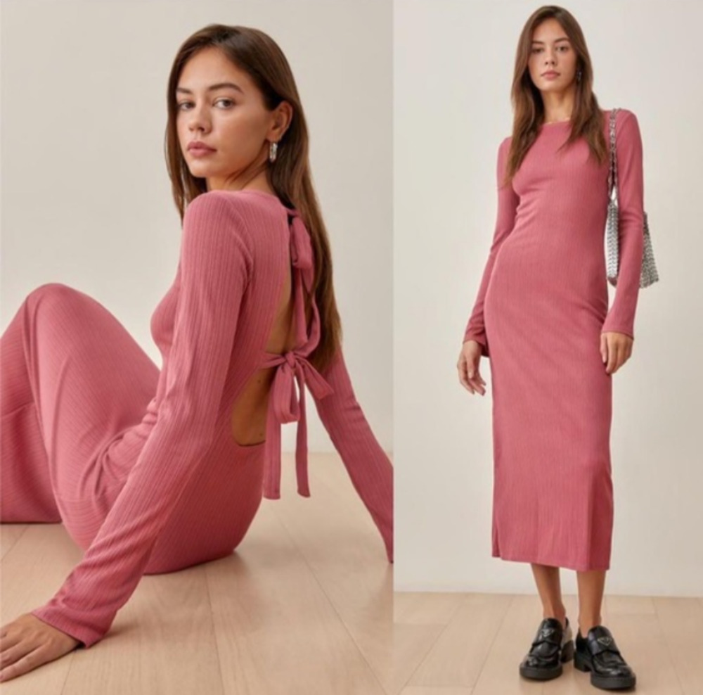 Reformation Benedict Midi Dress Rust NWT Womens S Long Sleeve Ribbed Pink Casual